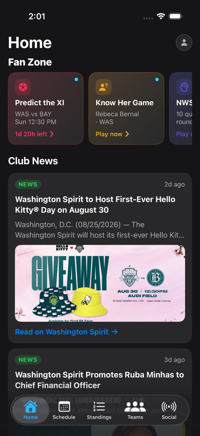 Home feed with Fan Zone cards and club news