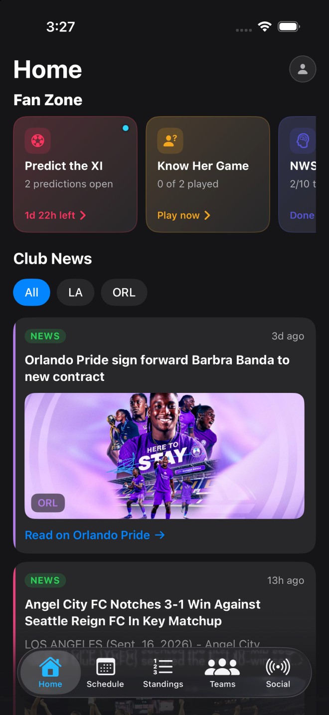 Home feed following two clubs with news